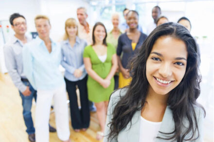 close up of a woman with her team